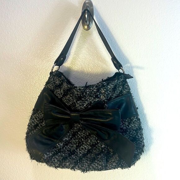 Elle Handbags - Elle Womens Hobo Shoulder Bag Ribbon Bow Details Lined Zip Closure Black